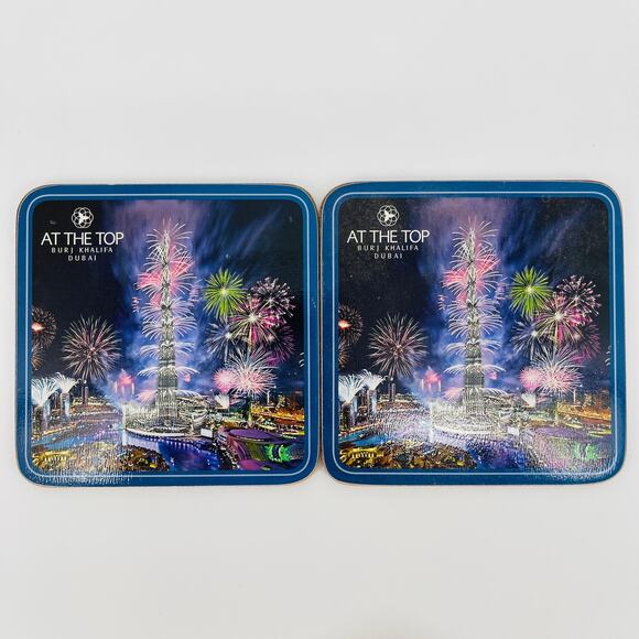 At the Top Burj Khalifa Dubai Fireworks Drink Coasters Cork Bottom Set of 2 GUC - Picture 1 of 6
